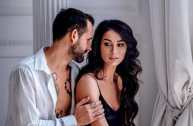 Lady being talked to by her guy in the bedroom Lady being talked to by her guy in the bedroom